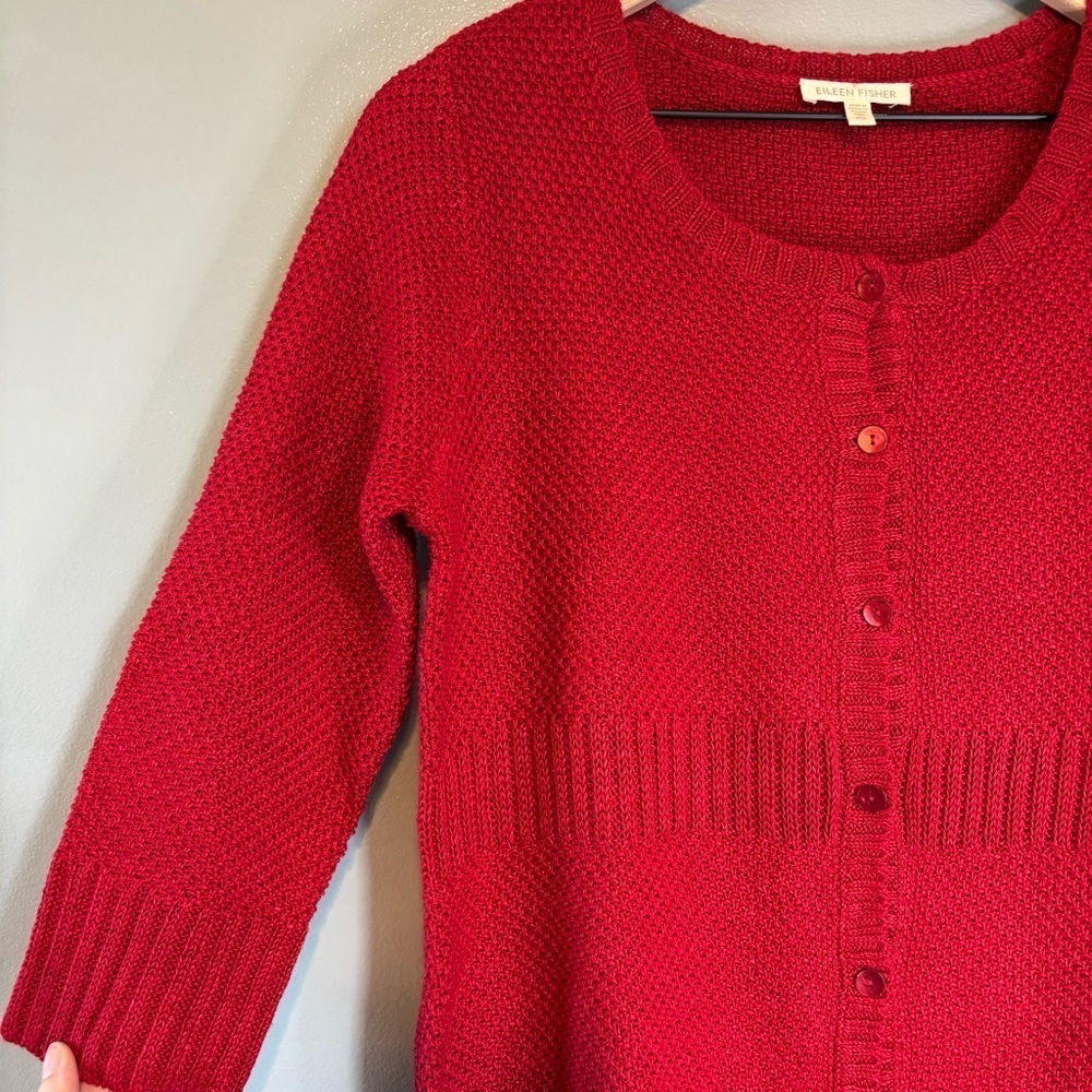 Eileen Fisher XS Italian Yarn - 100% Hemp Half Sleeve Knit Cardigan Red - Picture 2 of 5